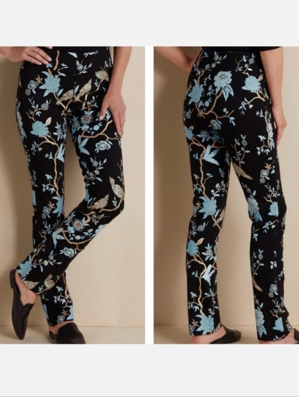 Soft Surroundings Chinoiserie Pants Women Small Pull On Black Blue Floral Party - Picture 6 of 6